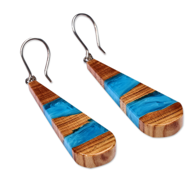 Wood and resin dangle earrings, 'Oceanic Dimension' - Drop-Shaped Apricot Wood Blue Resin Dangle Earrings