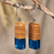 Wood and resin dangle earrings, 'Azure Totem' - Geometric Apricot Wood and Blue Resin Dangle Earrings