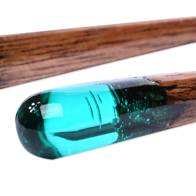 Pendientes colgantes de madera y resina - Pendientes colgantes en forma de gota de madera de nogal y resina verde