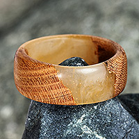 Wood and resin band ring, 'Chic Victory' - Hand-Carved Golden-Toned Apricot Wood and Resin Band Ring