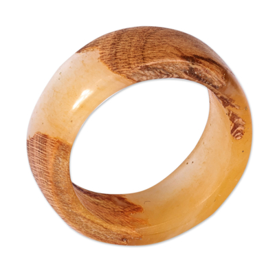 Wood and resin band ring, 'Chic Victory' - Hand-Carved Golden-Toned Apricot Wood and Resin Band Ring