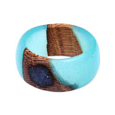 Wood and resin band ring, 'Turquoise Emblem' - Handcrafted Apricot Wood and Turquoise Resin Band Ring