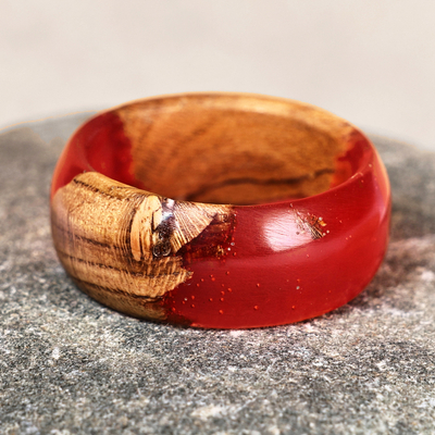 Wood and resin band ring, 'Chic Fire' - Hand-Carved Red Apricot Wood and Resin Band Ring