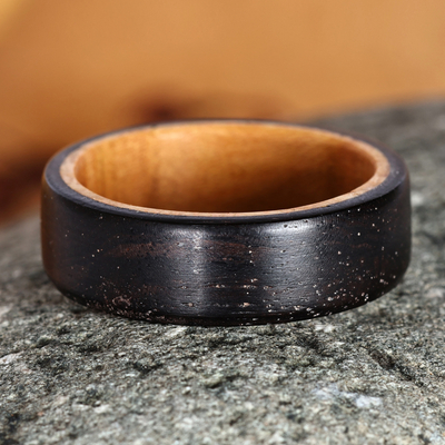Men's wood band ring, 'Gallant Night' - Handcrafted Apricot and Ebony Wood Band Ring for Men