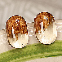 Wood and resin button earrings, 'Snow Bubble' - Handcrafted Apricot Wood and White Resin Button Earrings