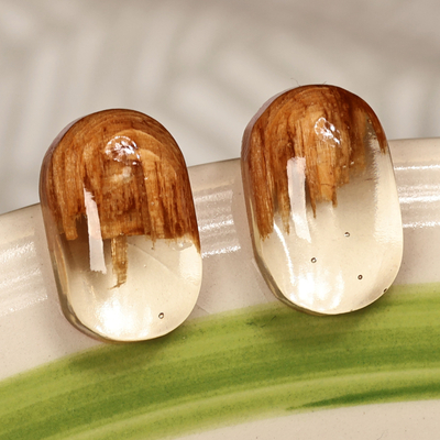 Wood and resin button earrings, 'Snow Bubble' - Handcrafted Apricot Wood and White Resin Button Earrings
