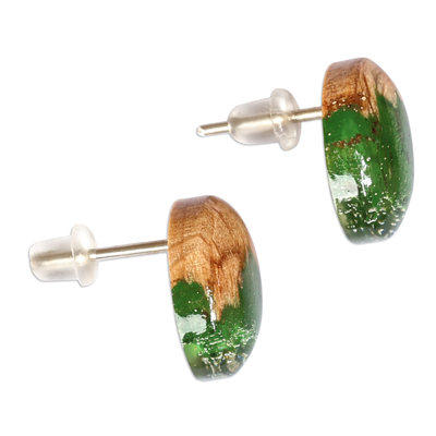 Pendientes botones de madera y resina - Pendientes de botón de resina verde y madera de albaricoque hechos a mano