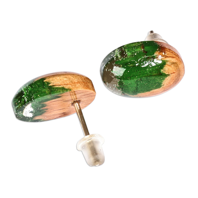 Wood and resin button earrings, 'Forest Bubble' - Handcrafted Apricot Wood and Green Resin Button Earrings