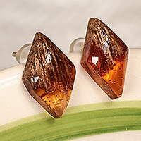 Wood and resin button earrings, 'Jewels From the Forest' - Diamond-Shaped Walnut Wood and Brown Resin Button Earrings