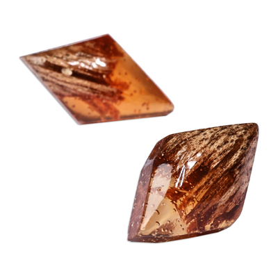 Pendientes botones de madera y resina - Pendientes de botón de madera de nogal y resina marrón en forma de rombo
