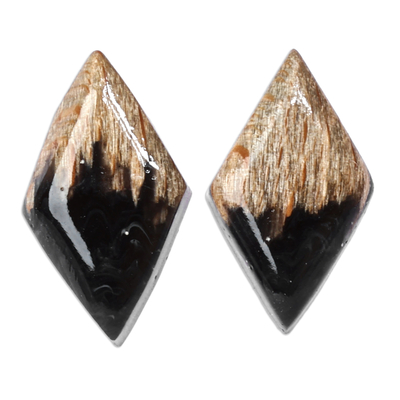 Wood and resin button earrings, 'Jewels From the Night' - Diamond-Shaped Walnut Wood and Black Resin Button Earrings