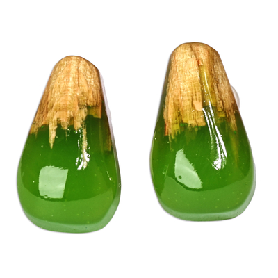 Pendientes botones de madera y resina - Pendientes de botón de resina verde y madera de albaricoque hechos a mano