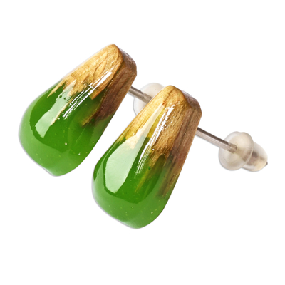 Wood and resin button earrings, 'Nature's Vibe' - Handcrafted Apricot Wood and Green Resin Button Earrings