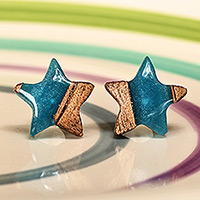 Pendientes de madera y resina, 'Sky Starlight' - Pendientes de resina de madera de nogal azul y marrón en forma de estrella