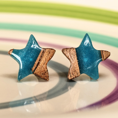 Wood and resin stud earrings, 'Sky Starlight' - Star-Shaped Blue and Brown Walnut Wood Resin Stud Earrings