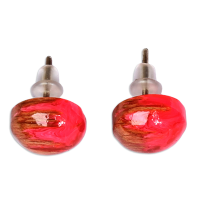 Wood and resin stud earrings, 'Pink Forever' - Round Beechwood and Pink Resin Stud Earrings from Armenia