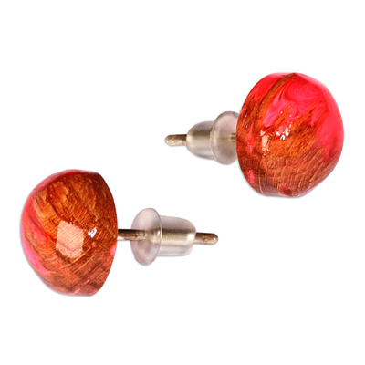 Wood and resin stud earrings, 'Pink Forever' - Round Beechwood and Pink Resin Stud Earrings from Armenia