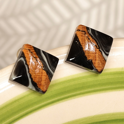 Wood and resin button earrings, 'Nocturnal Diamond' - Diamond-Shaped Apricot Wood and Black Resin Button Earrings