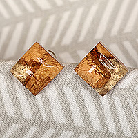 Pendientes de botón de madera y resina, 'Sylvan Diamond' - Pendientes de botón de resina y madera de albaricoque en forma de diamante