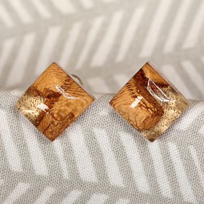 Diamond-Shaped Apricot Wood and Resin Button Earrings - Sylvan Diamond |  NOVICA