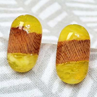 Wood and resin button earrings, 'Compact Lemon' - Handcrafted Lemon and Brown Apricot Wood Button Earrings