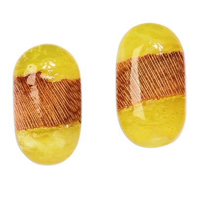 Wood and resin button earrings, 'Compact Lemon' - Handcrafted Lemon and Brown Apricot Wood Button Earrings