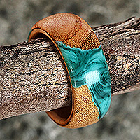 Wood and resin band ring, 'Chic Harmony' - Handcrafted Apricot Wood and Resin Band Ring in Turquoise