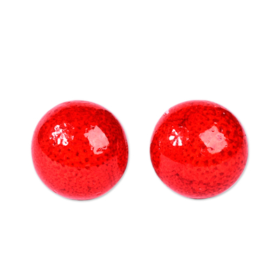 Ceramic button earrings, 'Red Globe' - Red Ceramic Button Earrings with Sterling Silver Posts