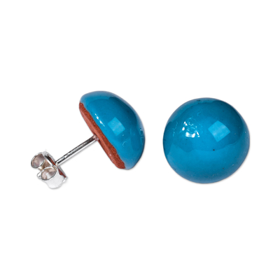 Ceramic button earrings, 'Bright Blue Globe' - Modern Bright Blue Ceramic Button Earrings with Posts