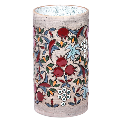 Jarrón de ceramica - Jarrón cilíndrico de cerámica pintado a mano con motivo de granada