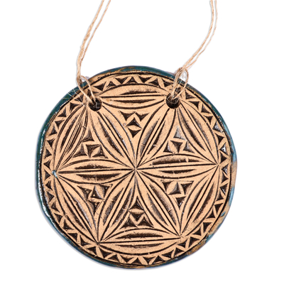 Ceramic home accent, 'Destiny Blossom' - Geometric Floral Patterned Teal Ceramic Amulet Home Accent