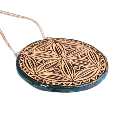 Ceramic home accent, 'Destiny Blossom' - Geometric Floral Patterned Teal Ceramic Amulet Home Accent