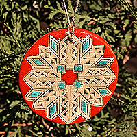 Ceramic home accent, 'Red Blessings' - Painted Floral Red and Turquoise Ceramic Amulet Home Accent