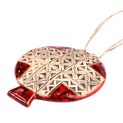 Ceramic home accent, 'Passion Red' - Geometric-Patterned Red Ceramic Pomegranate Home Accent