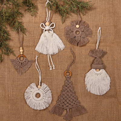 Cotton macrame ornaments, 'Forest Wonderland' (set of 6) - Set of 6 Christmas-Inspired Brown Cotton Macrame Ornaments