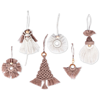 Baumwoll-Makramee-Ornamente, (6er-Set) - Set mit 6 weihnachtlich inspirierten Makramee-Ornamenten aus brauner Baumwolle