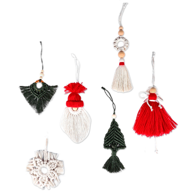 Cotton macrame ornaments, 'Holiday Wonderland' (set of 6) - Set of 6 Christmas Red and Green Cotton Macrame Ornaments
