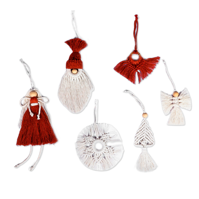 Cotton macrame ornaments, 'Crimson Wonderland' (set of 6) - Set of 6 Christmas-Inspired Red Cotton Macrame Ornaments