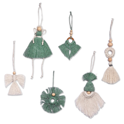 Cotton macrame ornaments, 'Green Wonderland' (set of 6) - Set of 6 Christmas-Inspired Green Cotton Macrame Ornaments