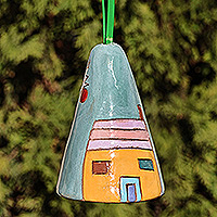 Glazed ceramic bell ornament, 'House and Serenity' - Hand-Painted Blue and Yellow Glazed Ceramic Bell Ornament