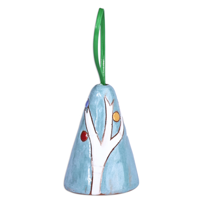 Ceramic bell ornament, 'Serene Home' - Hand-Painted Blue and Yellow Glazed Ceramic Bell Ornament