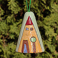 Glazed ceramic bell ornament, 'House and Peace' - Hand-Painted Green and Yellow Glazed Ceramic Bell Ornament