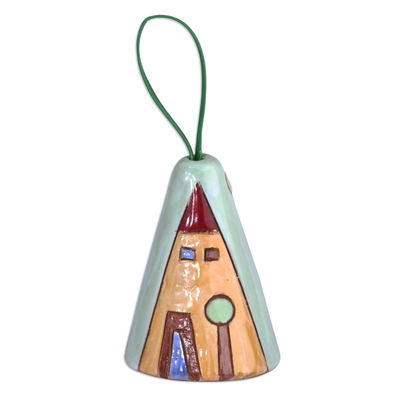 Glazed ceramic bell ornament, 'House and Peace' - Hand-Painted Green and Yellow Glazed Ceramic Bell Ornament
