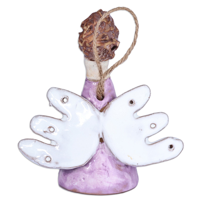 Glazed ceramic bell ornament, 'Purple Angelic Melodies' - Painted Angel-Themed Purple Glazed Ceramic Bell Ornament