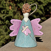 Adorno de campana de cerámica esmaltada - Adorno de campana de cerámica azul y morado con temática de ángel floral
