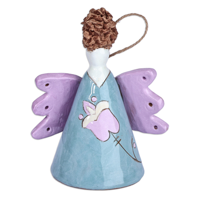 Glazed ceramic bell ornament, 'Angelic Flower in Blue' - Floral Angel-Themed Blue and Purple Ceramic Bell Ornament