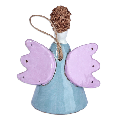 Glazed ceramic bell ornament, 'Angelic Flower in Blue' - Floral Angel-Themed Blue and Purple Ceramic Bell Ornament