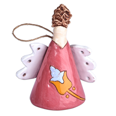 Glazed ceramic bell ornament, 'Angelic Flower in Red' - Floral Angel-Themed Red and Orange Ceramic Bell Ornament