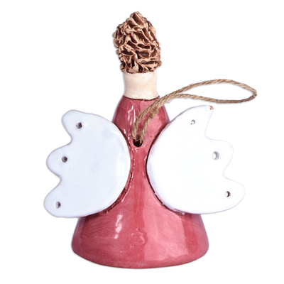 Glazed ceramic bell ornament, 'Angelic Flower in Red' - Floral Angel-Themed Red and Orange Ceramic Bell Ornament