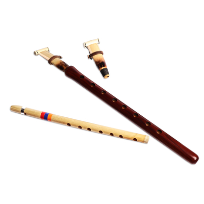 Juego de duduk y flauta de madera. - Juego de flauta y duduk de madera marrón oscuro con estuche azul clásico